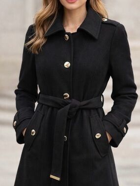 Michael Kors Black Belted Coat Elegant Wool Blend Jacket